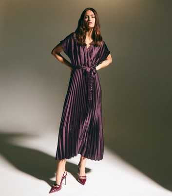 Burgundy Pleated Satin Midi Dress