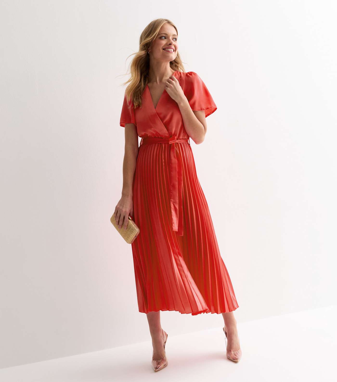 Coral Satin Wrap Front Pleated Midi Dress