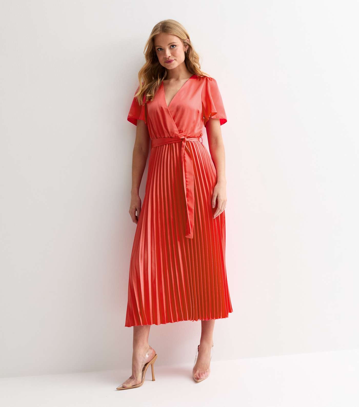 Coral Satin Wrap Front Pleated Midi Dress Image 3