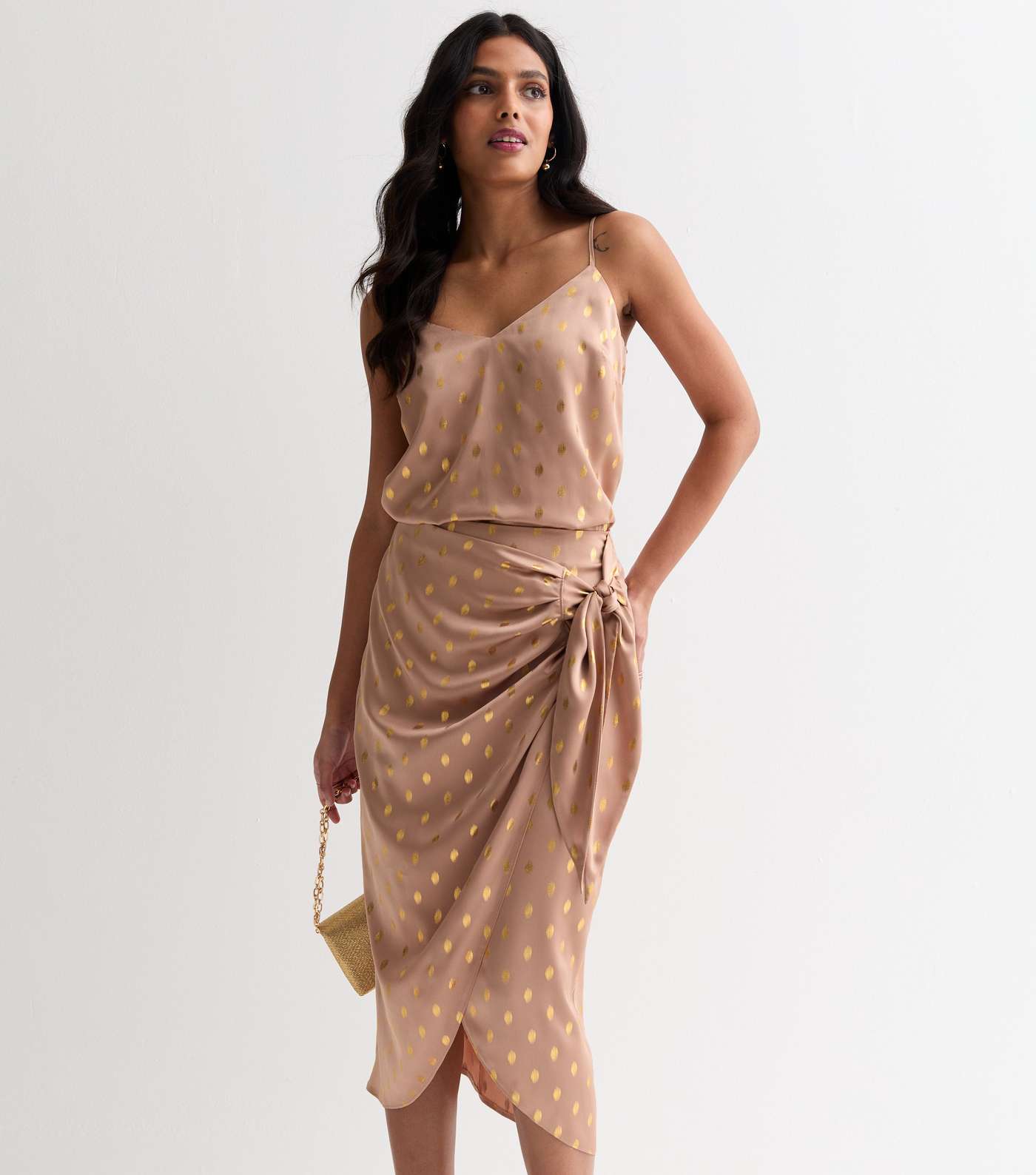 Light Brown Gold Foil Print Wrap Midi Skirt