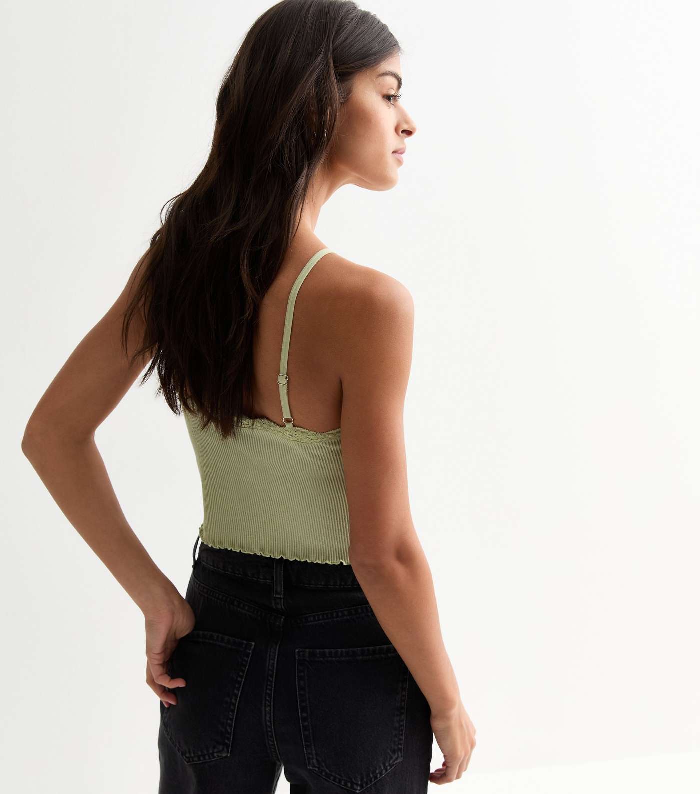 Light Green Ribbed Jersey Lace Trim Crop Cami Image 4