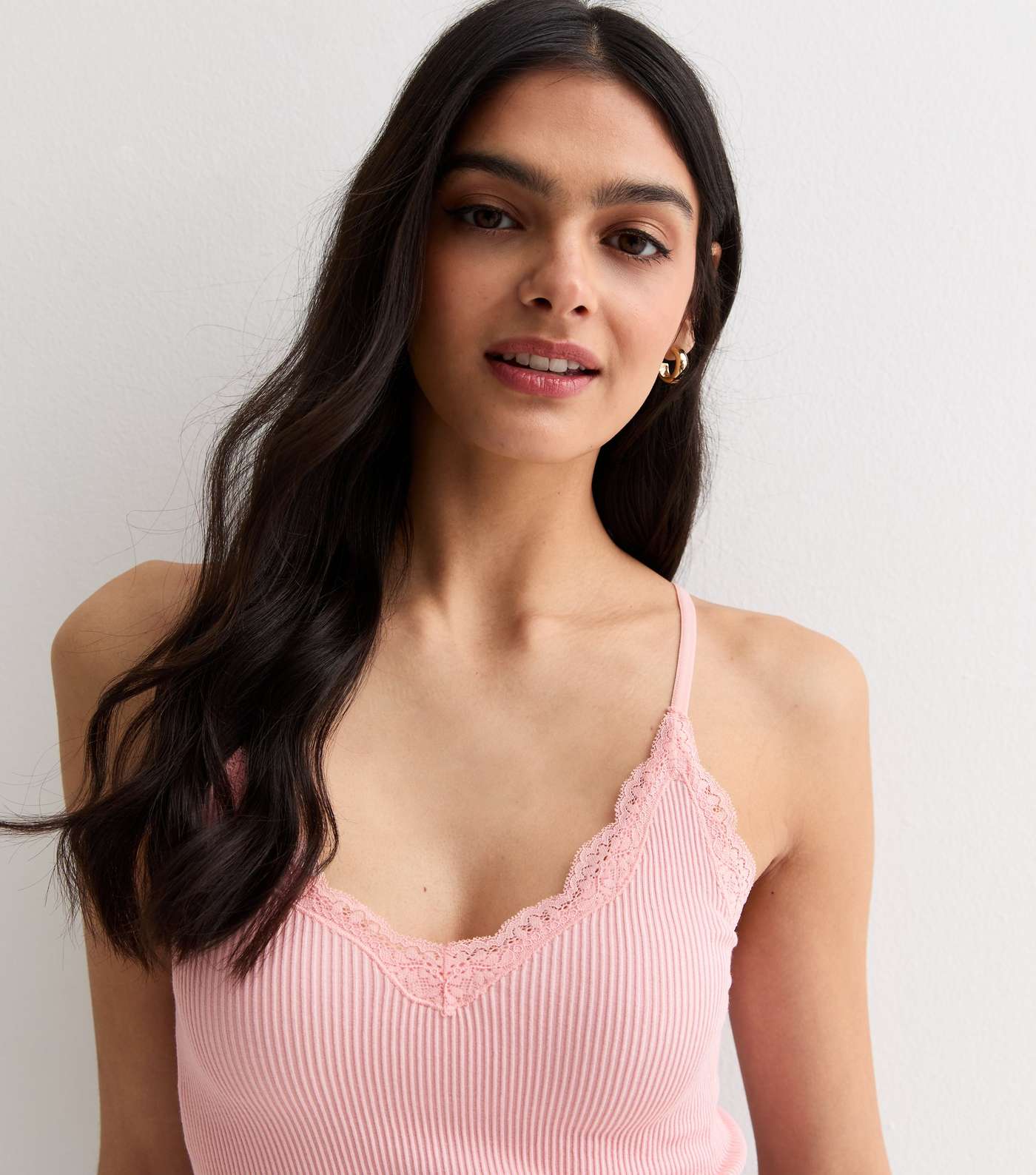 Pale Pink Ribbed Jersey Lace Trim Crop Cami Image 2