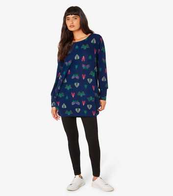 Apricot Navy Butterfly Print Crew Neck Long Top