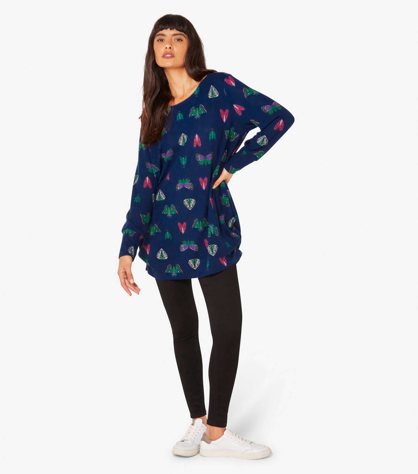 Apricot Navy Butterfly Print Crew Neck Long Top Image 2