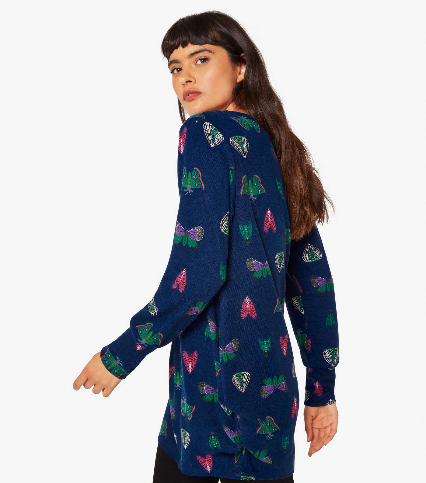 Apricot Navy Butterfly Print Crew Neck Long Top Image 4