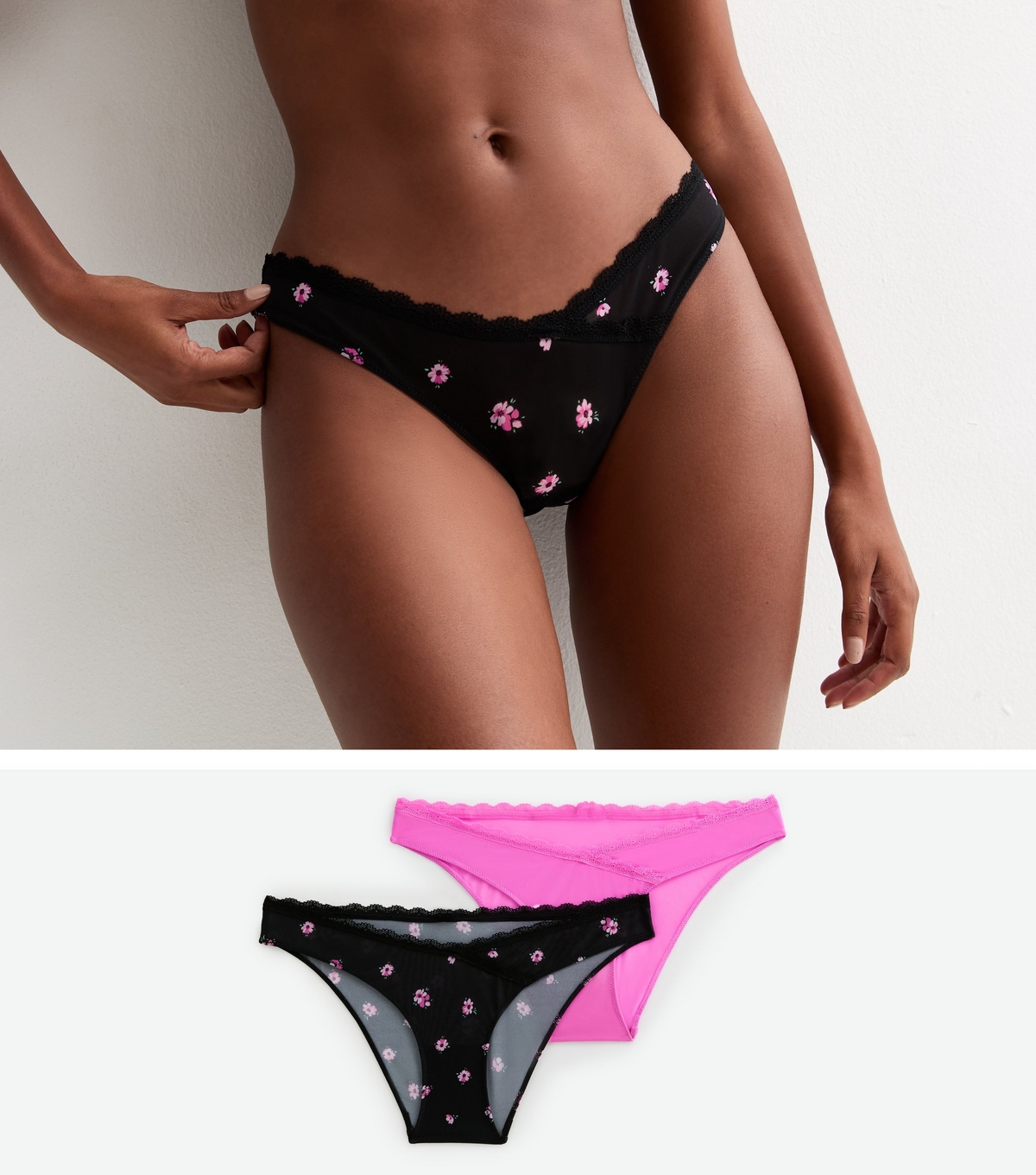 Women's Pack of 2 Multicoloured Lace-Trim Brazilian Briefs New Look