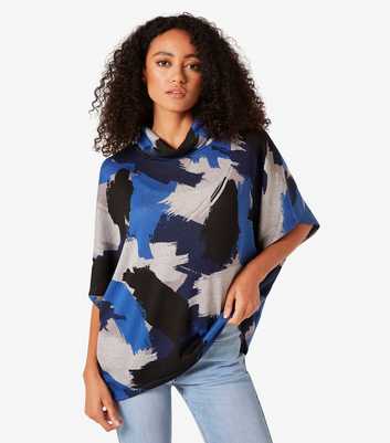 Apricot Bright Blue Abstract Print Knit Roll Neck Top