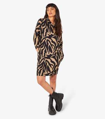 Apricot Brown Zebra Print Slouch Neck Mini Dress