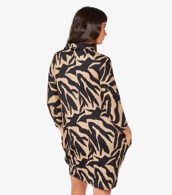 Apricot Brown Zebra Print Slouch Neck Mini Dress New Look