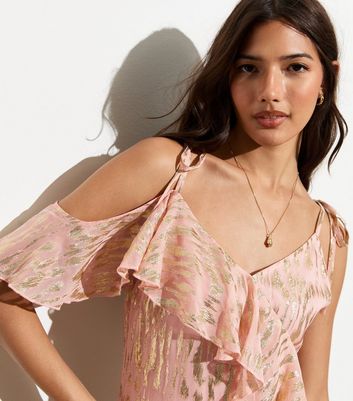 Pink Foil Print Strappy Ruffle Mini Dress New Look