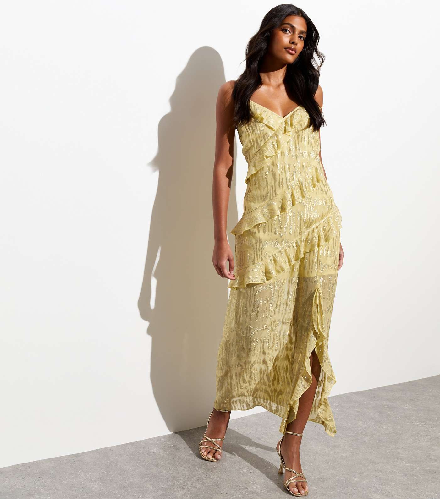 Gold Strappy Ruffle Split Hem Maxi Dress Image 3