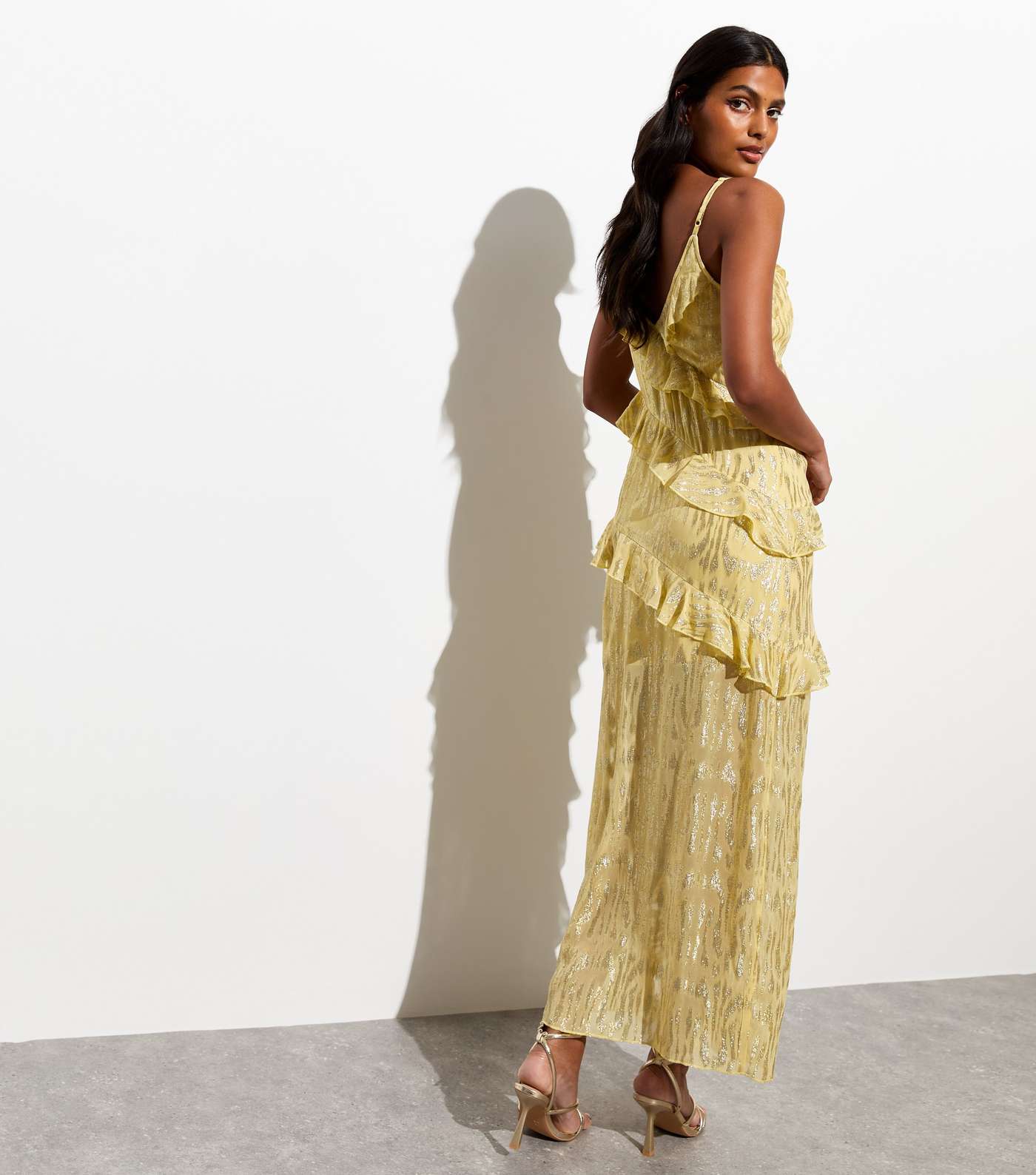 Gold Strappy Ruffle Split Hem Maxi Dress Image 5