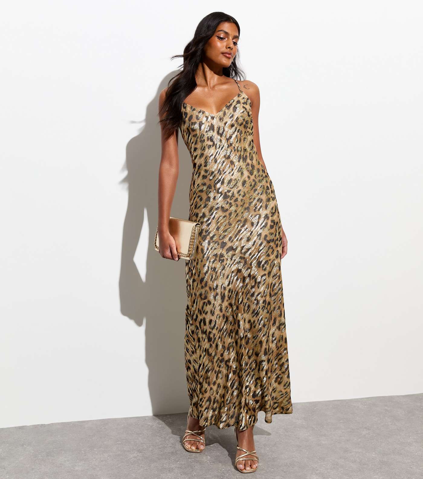 Gold Leopard Print Open Back Bias Cut Maxi Dress Image 3