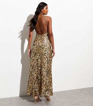 Gold Leopard Print Open Back Bias Cut Maxi Dress New Look