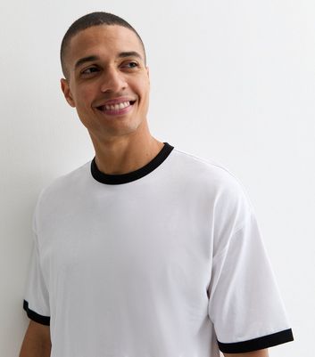 Men's Black and White Cotton Ringer Oversized T-Shirt New Look