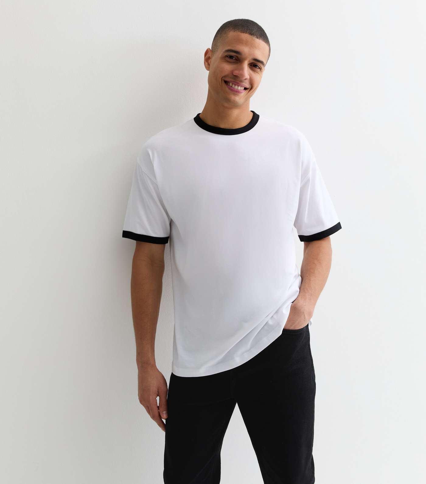 Black and White Cotton Ringer Oversized T-Shirt Image 2