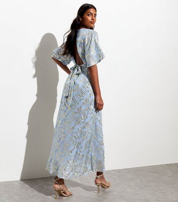 Pale Blue Foil Print Kimono Sleeve Maxi Dress New Look