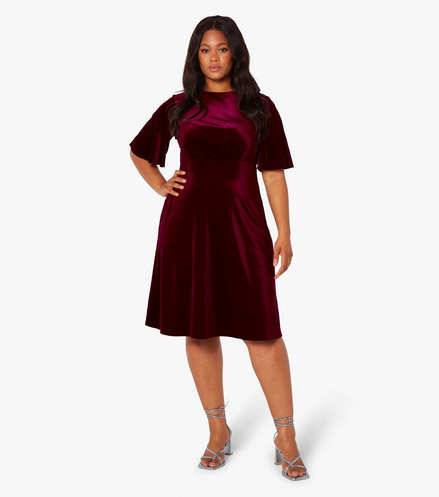 Apricot Curves Burgundy Velvet Flared Sleeve Midi Dress Image 2