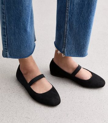 Black Wide Fit Elasticated Strap Flat Suede Look Shoes New Look