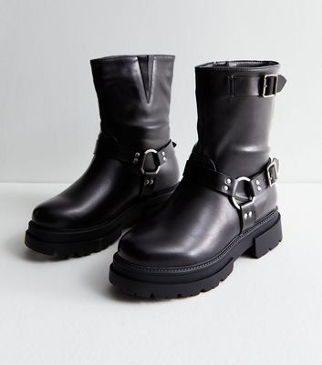 Black Leather-Look Buckle Ankle Biker Boots New Look