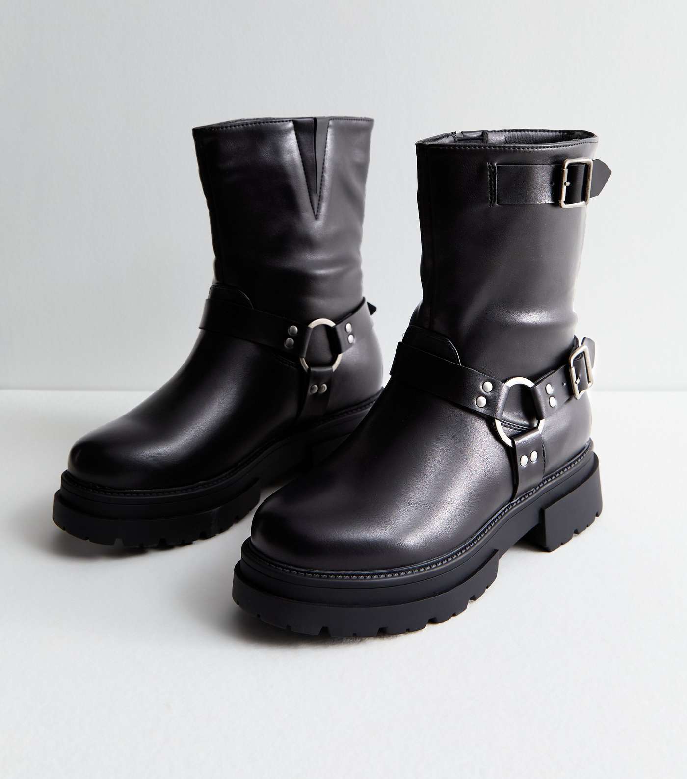 Black Leather-Look Buckle Ankle Biker Boots Image 3