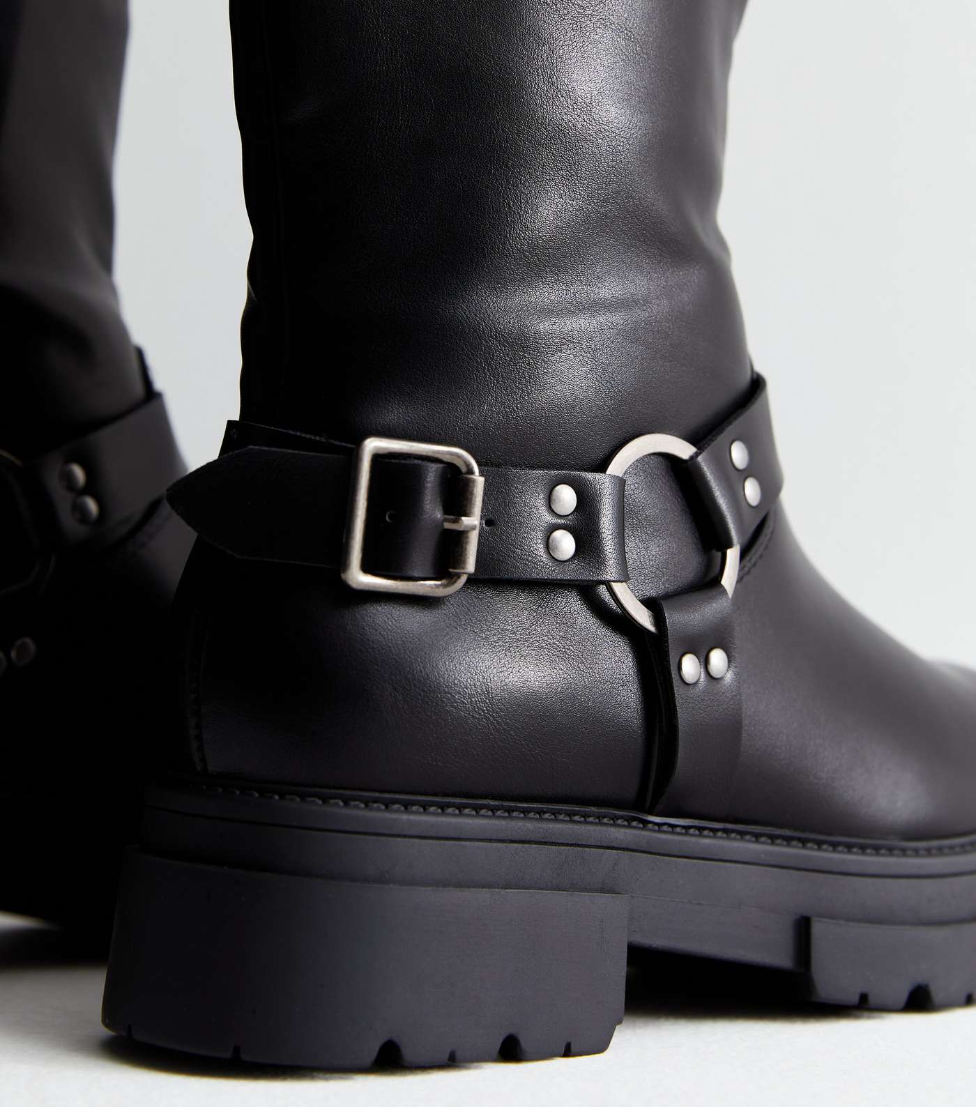Black Leather-Look Buckle Ankle Biker Boots Image 5