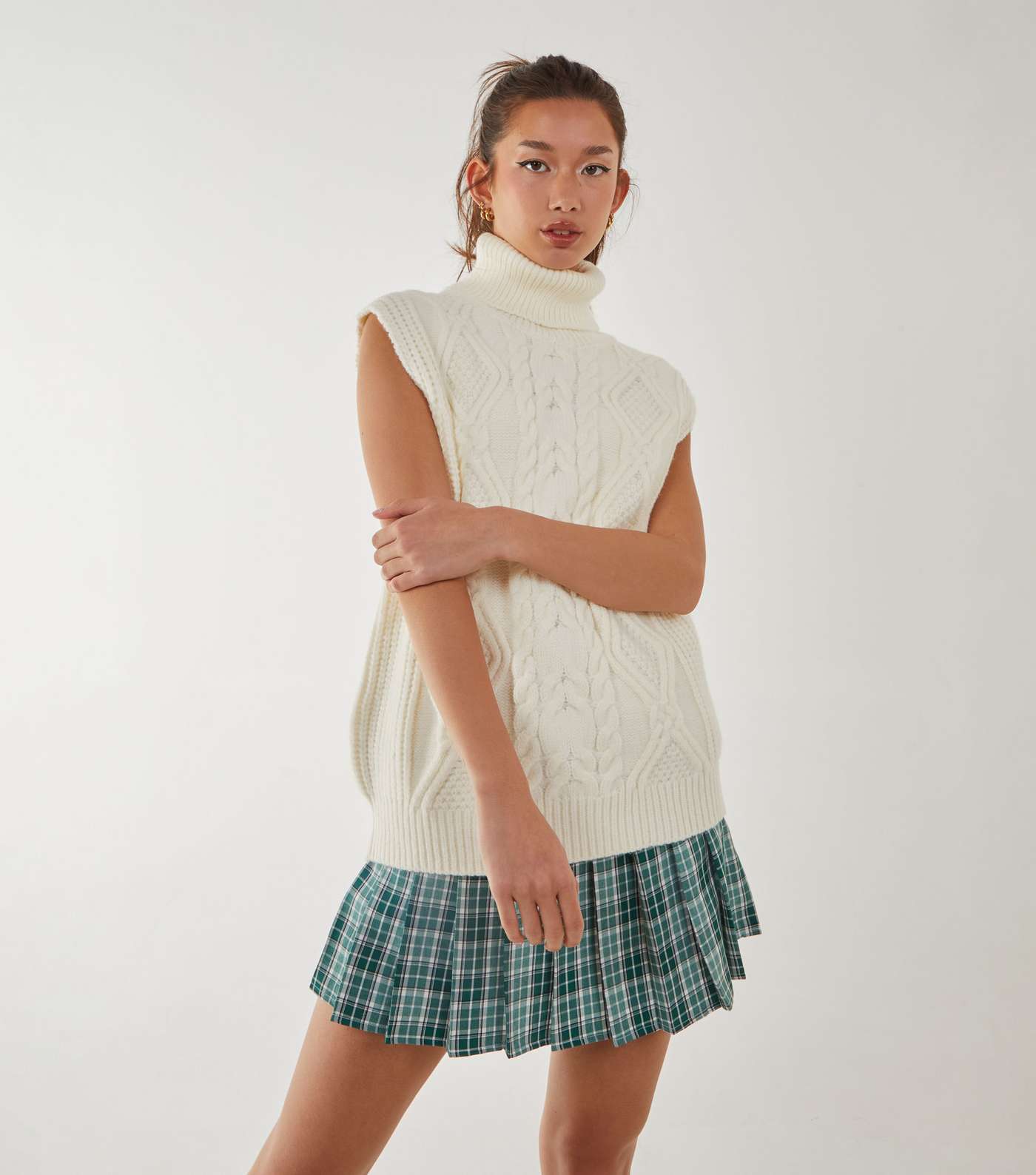 Blue Vanilla Off White Cable Knit Roll Neck Vest Image 2