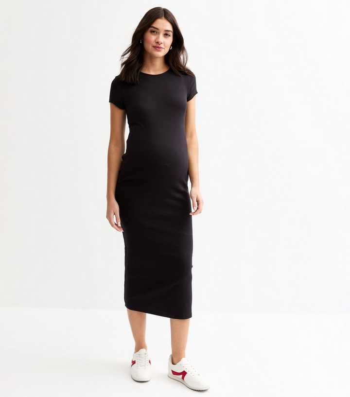 Maternity Black Ribbed T-Shirt Midi Dress