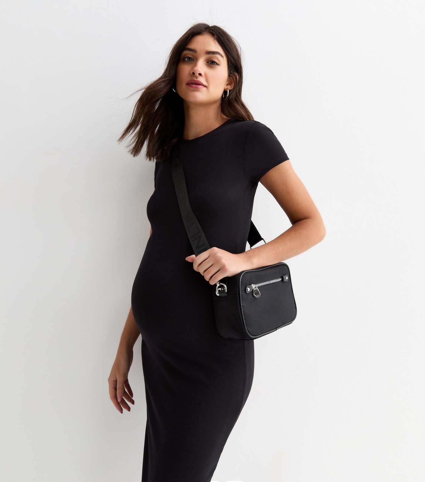 Maternity Black Ribbed T-Shirt Midi Dress Image 3