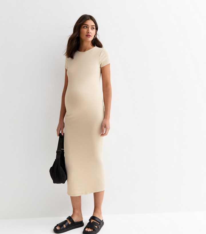 Maternity Off White Ribbed T-Shirt Midi Dress