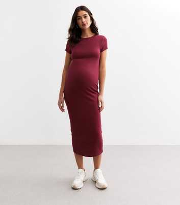 Maternity Burgundy Ribbed T-Shirt Midi Dress