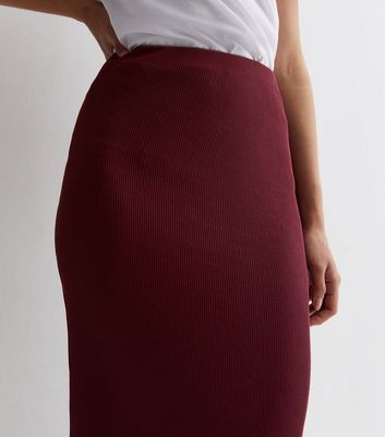 Burgundy Ribbed Midi Skirt New Look