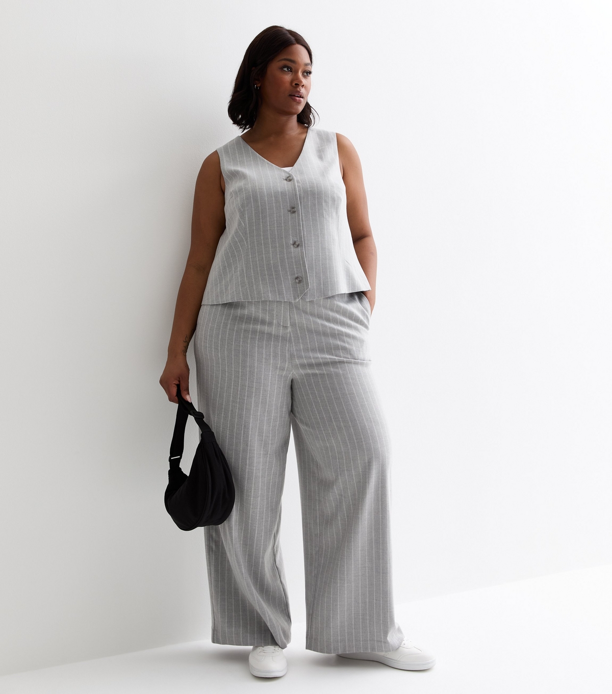 Women's Plus Size Light Grey Stripe Wide Leg Trousers Curves New Look