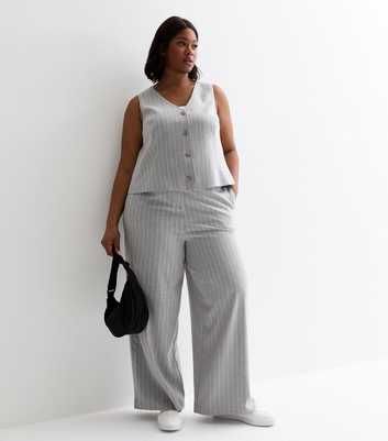Curves Light Grey Stripe Wide Leg Trousers