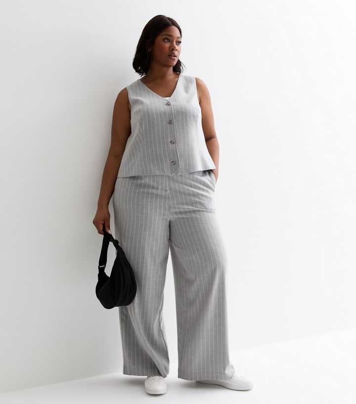 Curves Light Grey Stripe Wide Leg Trousers
