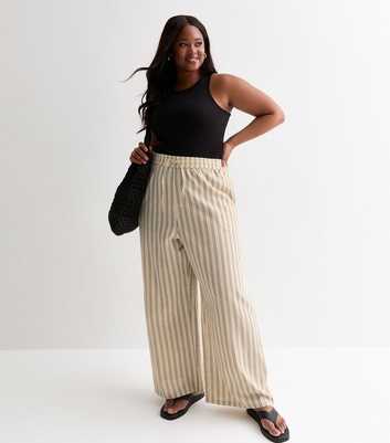 Curves Black Cotton Linen Stripe Print Wide Leg Trousers