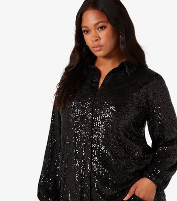 Apricot Curves Black Sequin Long Sleeve Shirt New Look