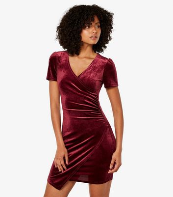 Apricot Burgundy Velvet Wrap Front Mini Dress New Look