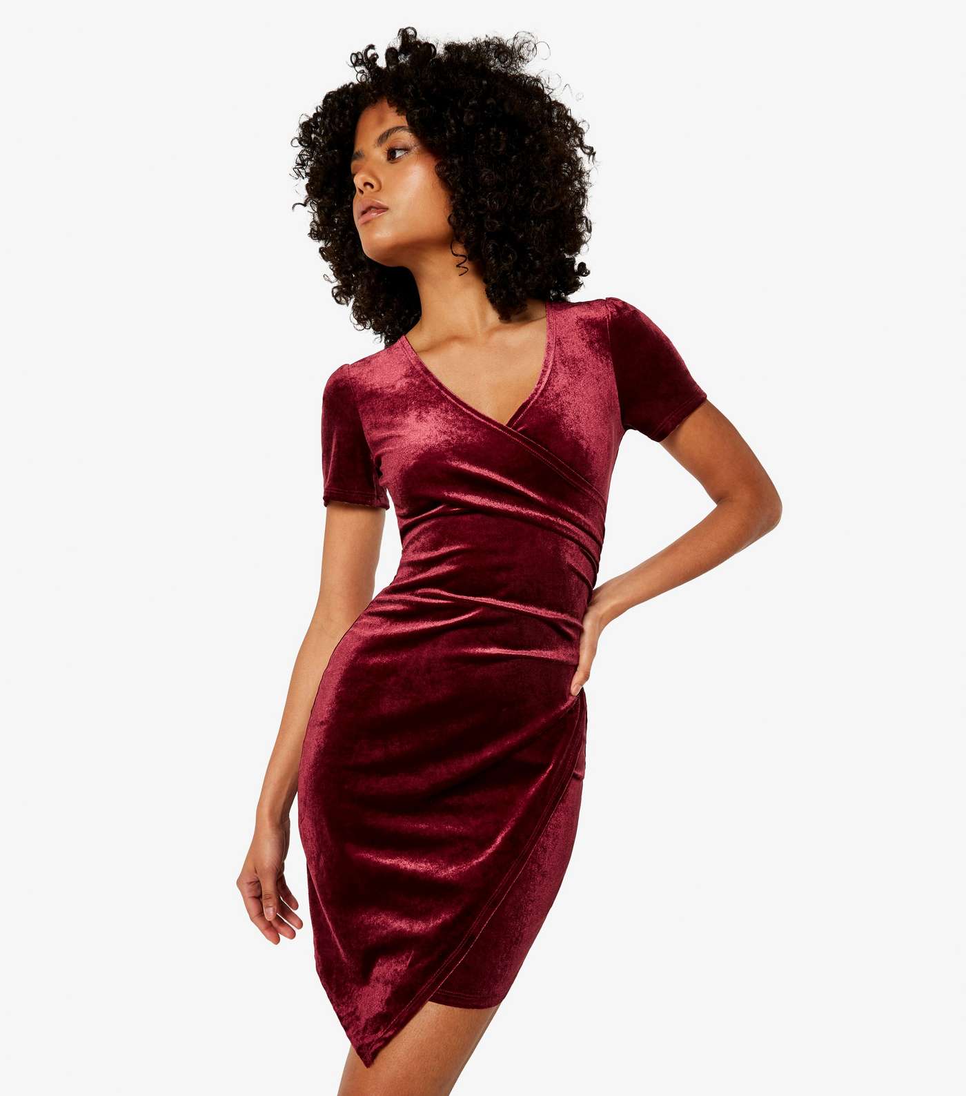 Apricot Burgundy Velvet Wrap Front Mini Dress Image 5