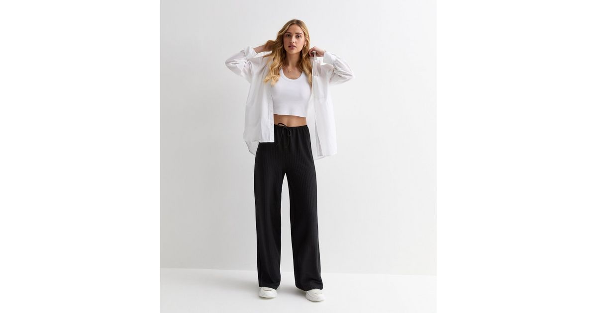 Black Textured Tie Waist Trousers | New Look