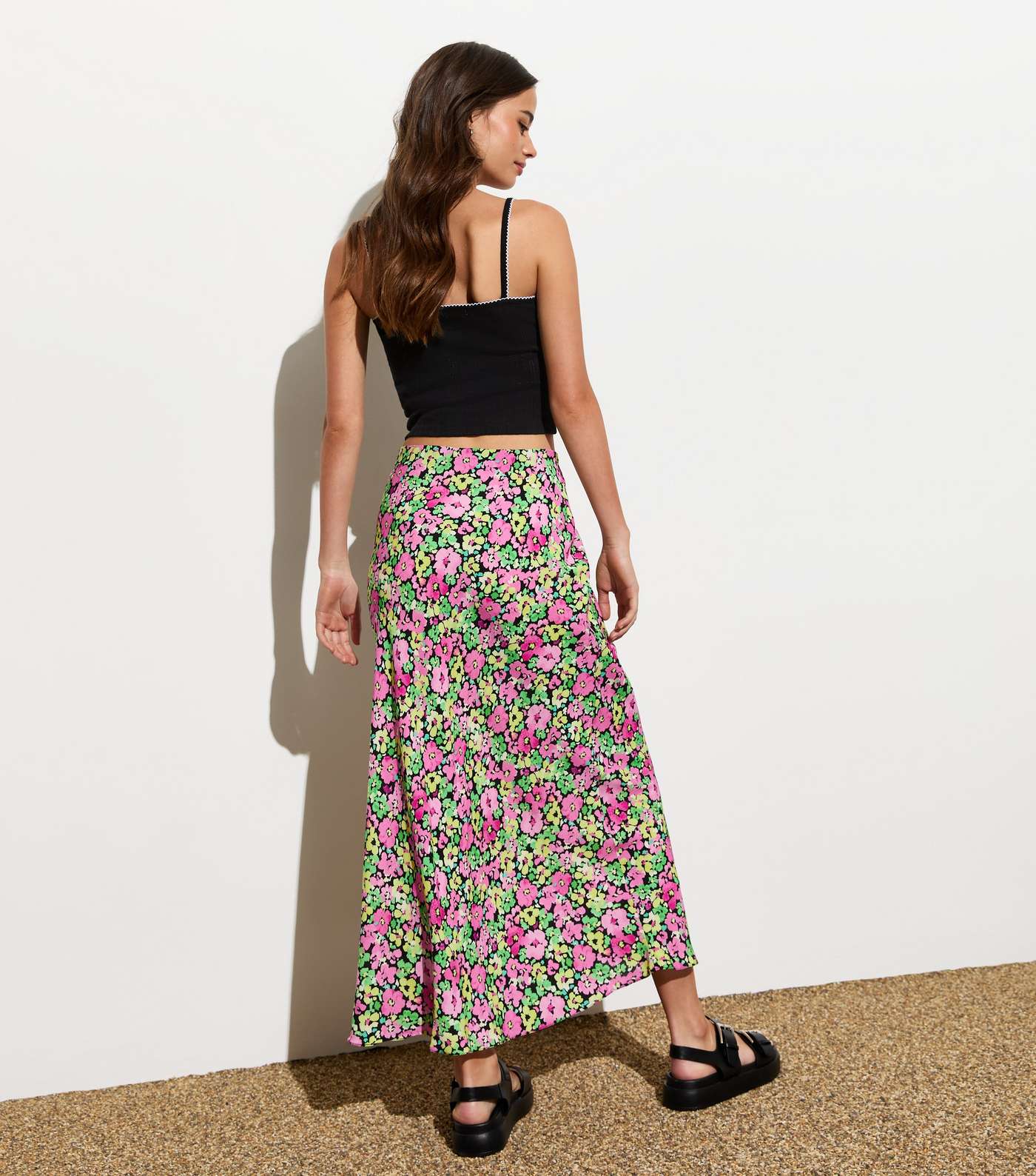 Black Floral Bias Cut Midi Skirt Image 4