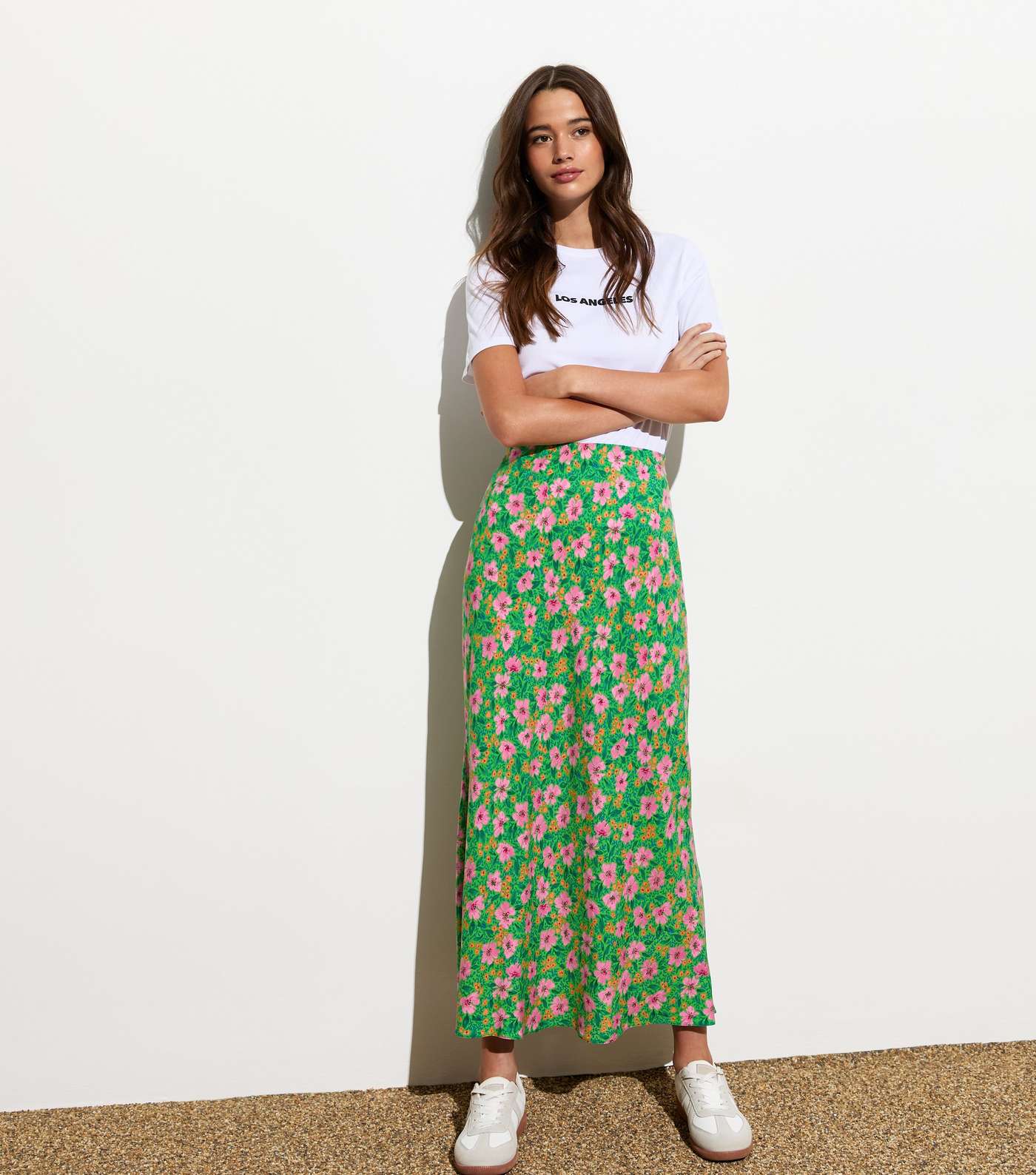 Green Floral Bias Cut Midi Skirt Image 3