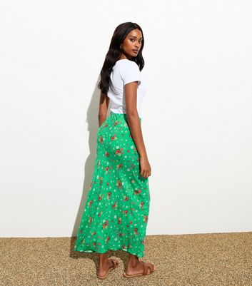 Green Floral Bias Cut Midi Skirt New Look