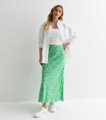 Green Floral Bias Cut Midi Skirt
