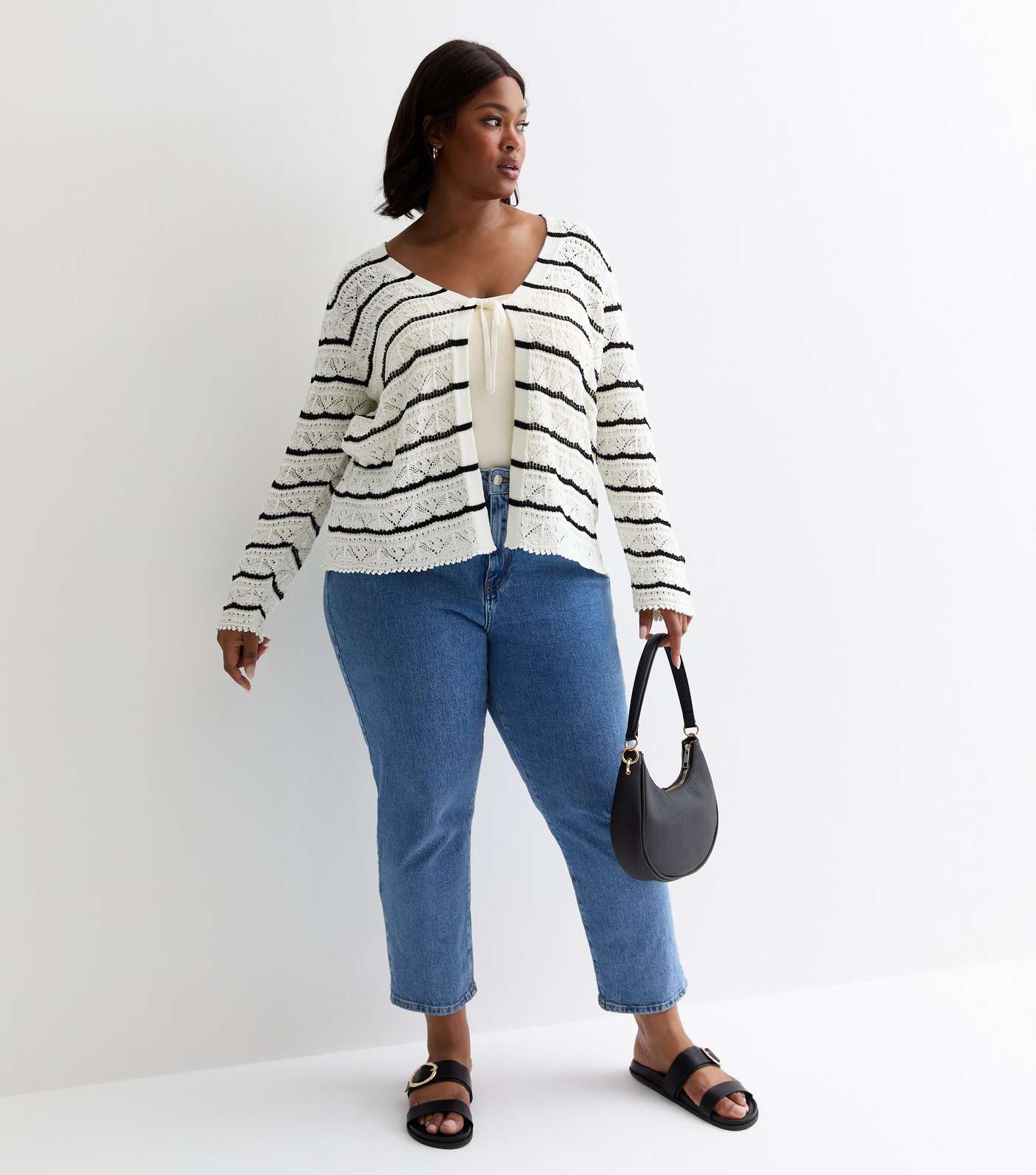 Curves Off White Stripe Stitch Knit Tie Front Cardigan Image 3