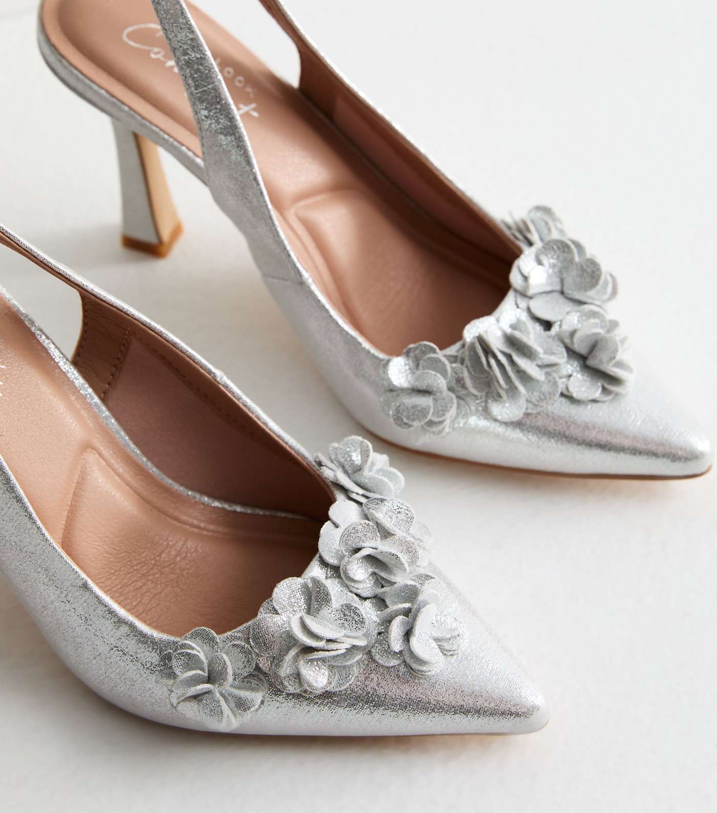 Silver Shimmer Corsage Flared Heel Court Shoes Image 3