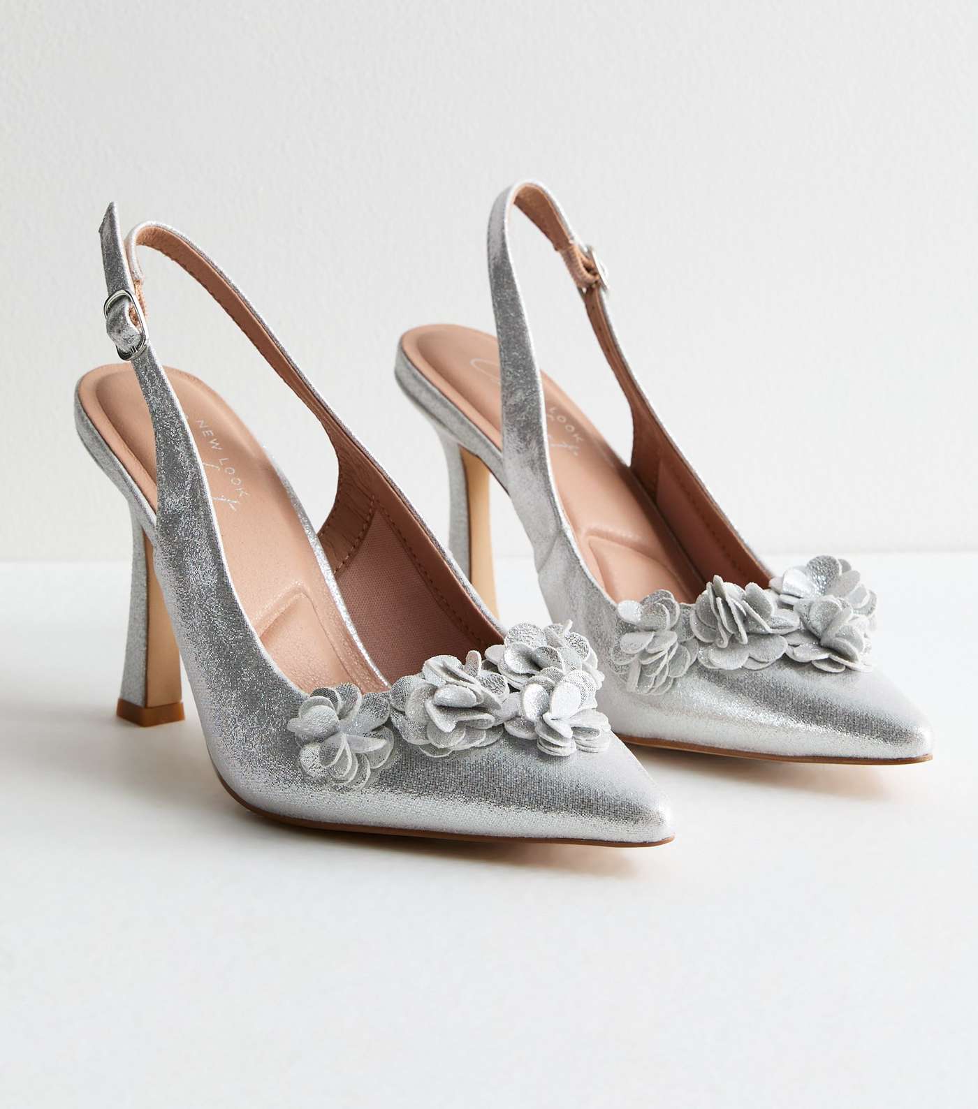 Silver Shimmer Corsage Flared Heel Court Shoes Image 5