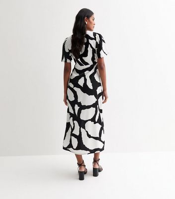 Black Abstract Print Flutter Sleeve Midi Dress New Look
