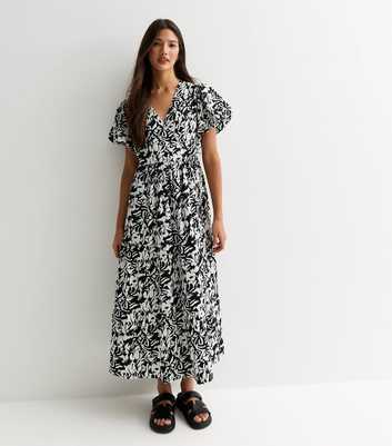 Black Abstract Print Puff Sleeve Wrap Midi Dress