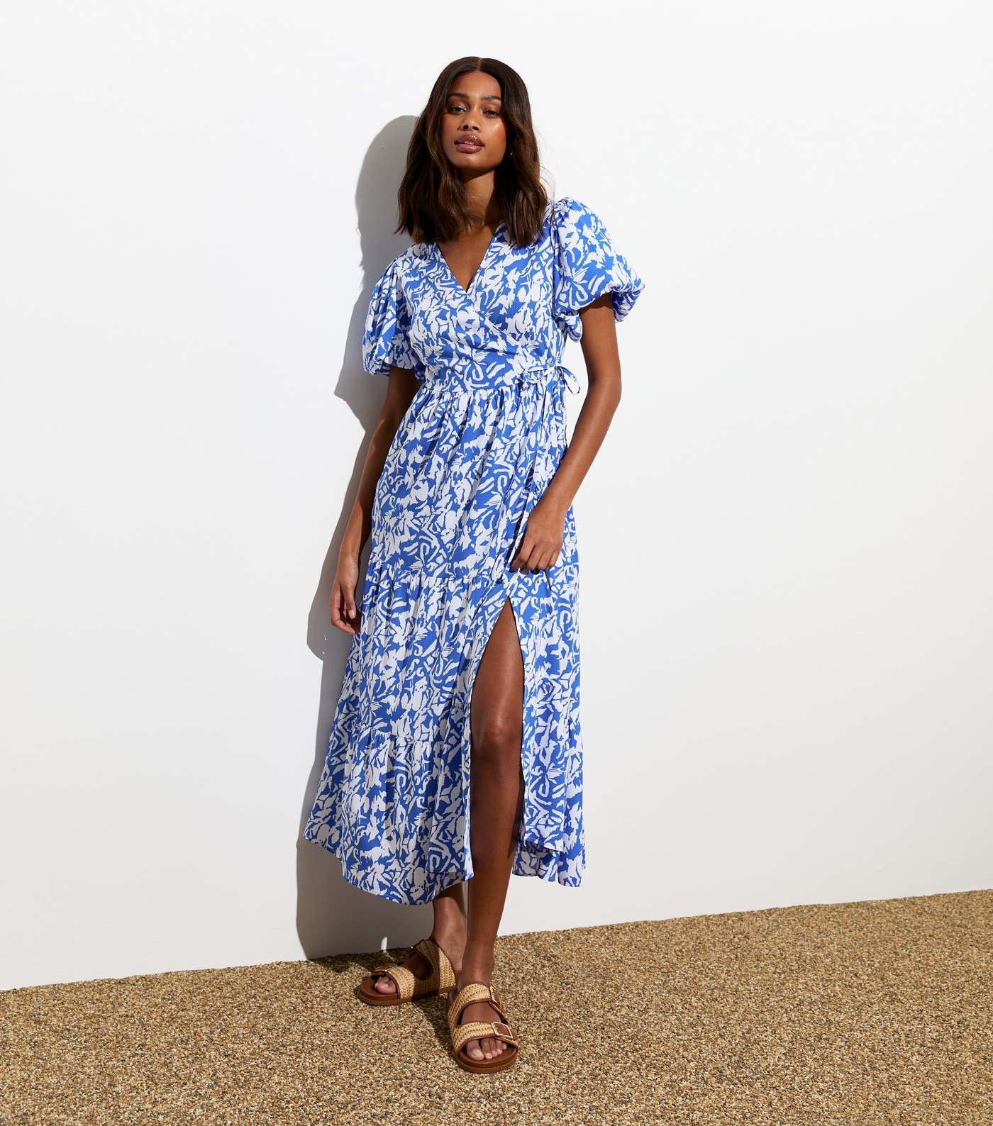 Blue Abstract Print Puff Sleeve Tiered Wrap Midi Dress